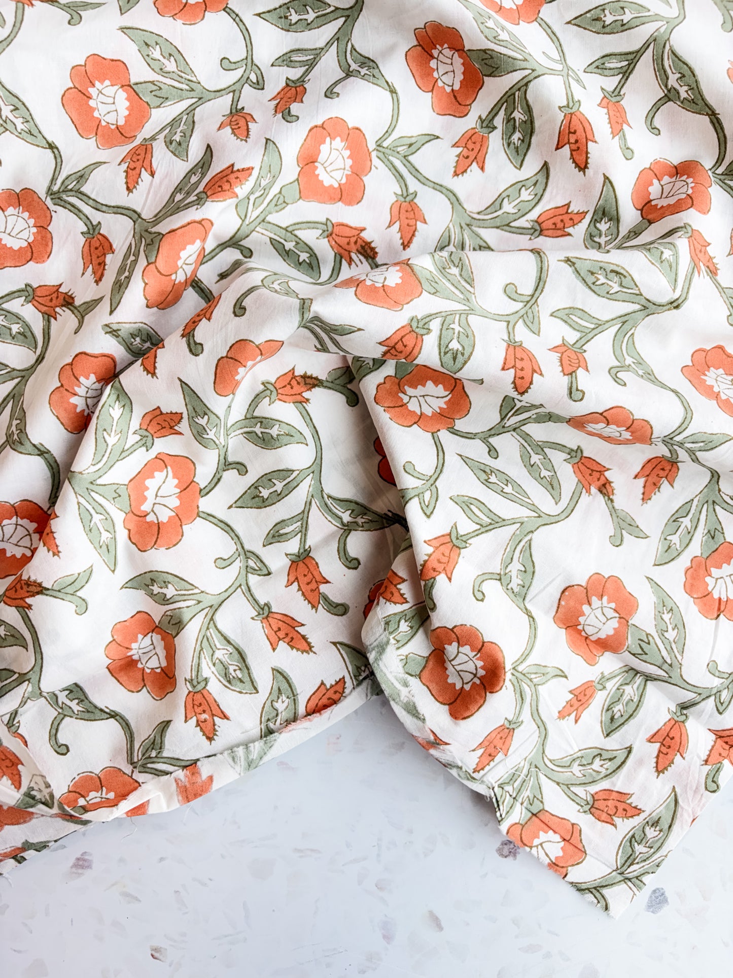 Fableism Block Print Cotton: Trumpet Vines in Sage