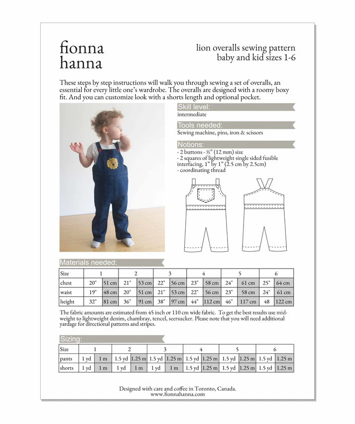 Lion Overalls Children's Sewing Pattern by Fionna Hanna | Printed Pattern