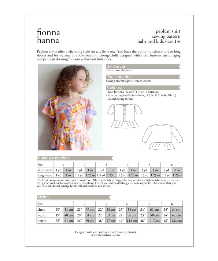 Peplum Shirt Pattern by Fionna Hanna | Printed Pattern