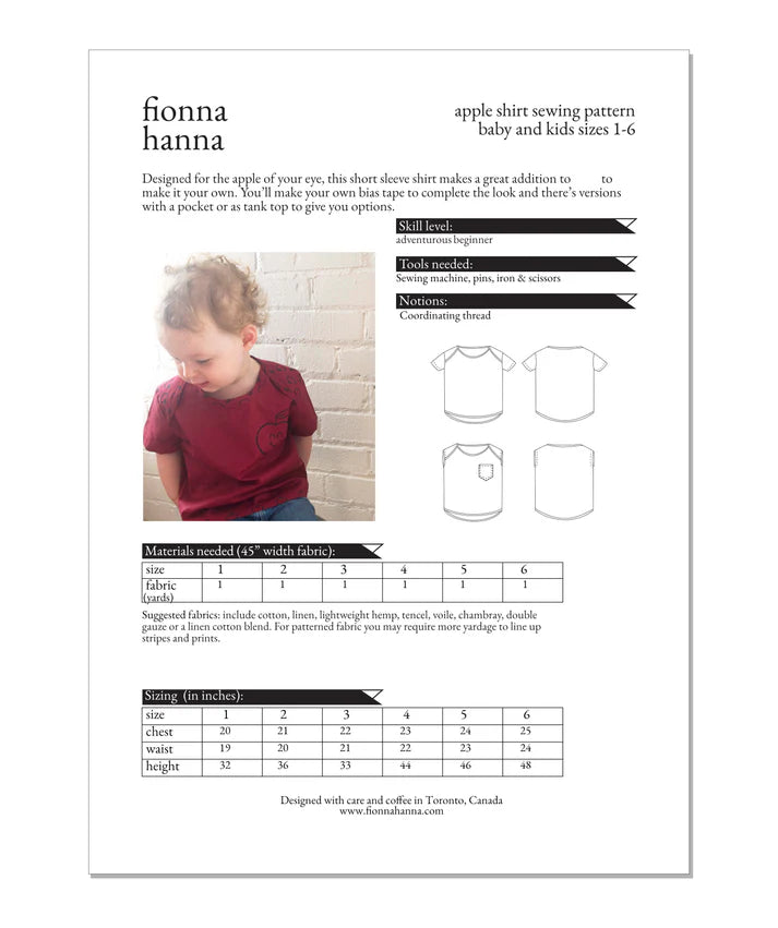 Apple Shirt Children's Sewing Pattern by Fionna Hanna | Printed Pattern