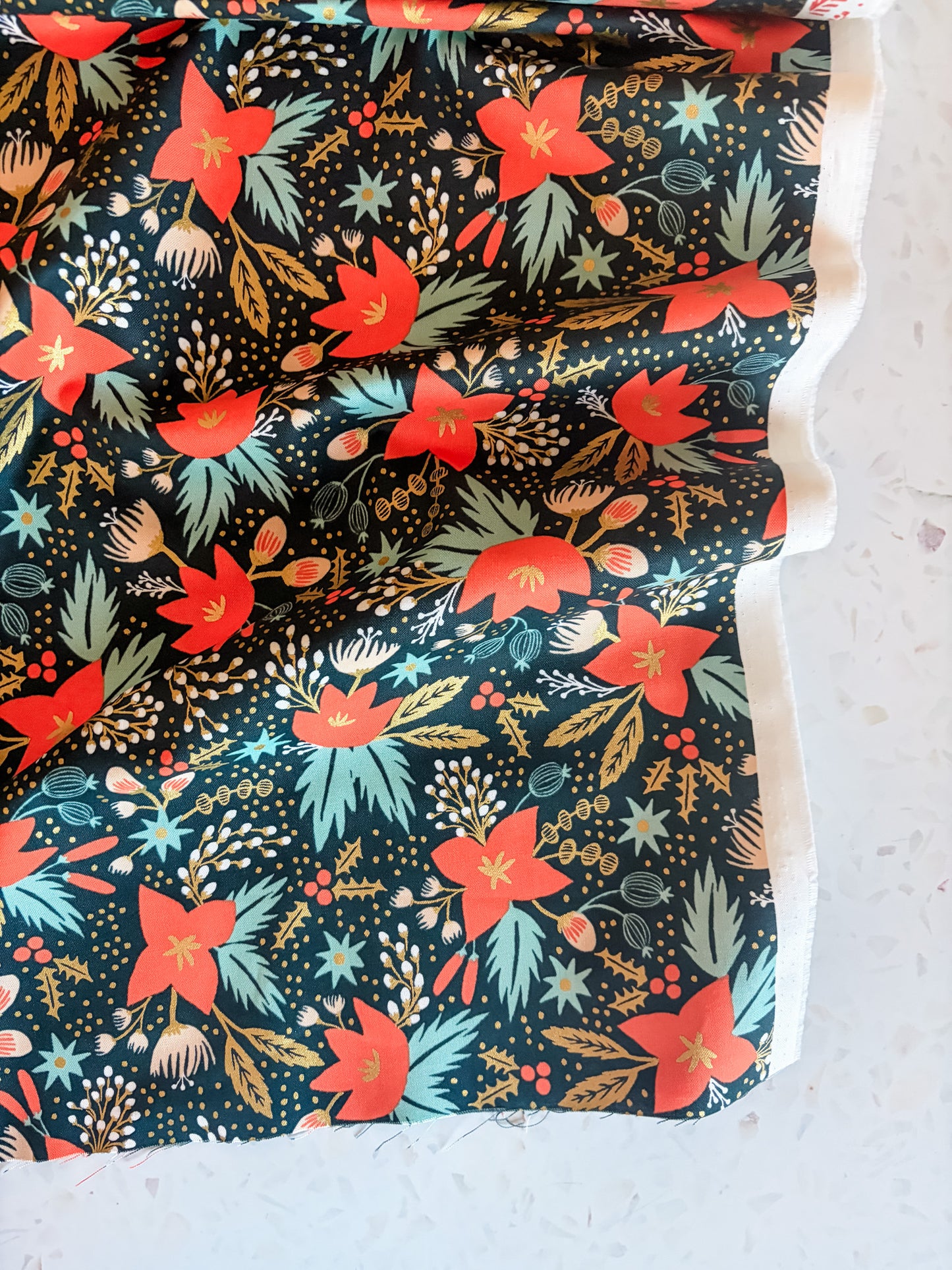 Holiday Classic Poinsettia Cotton Fabric in Evergreen Metallic