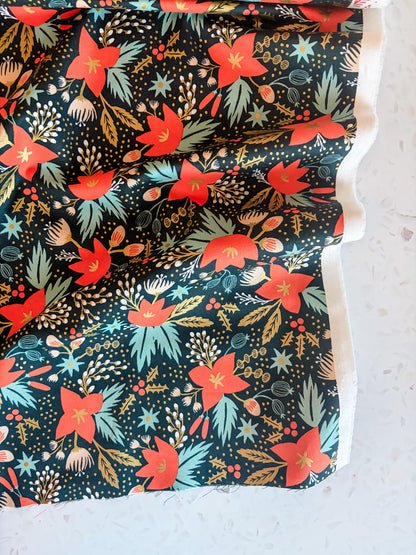 Holiday Classic Poinsettia Cotton Fabric in Evergreen Metallic
