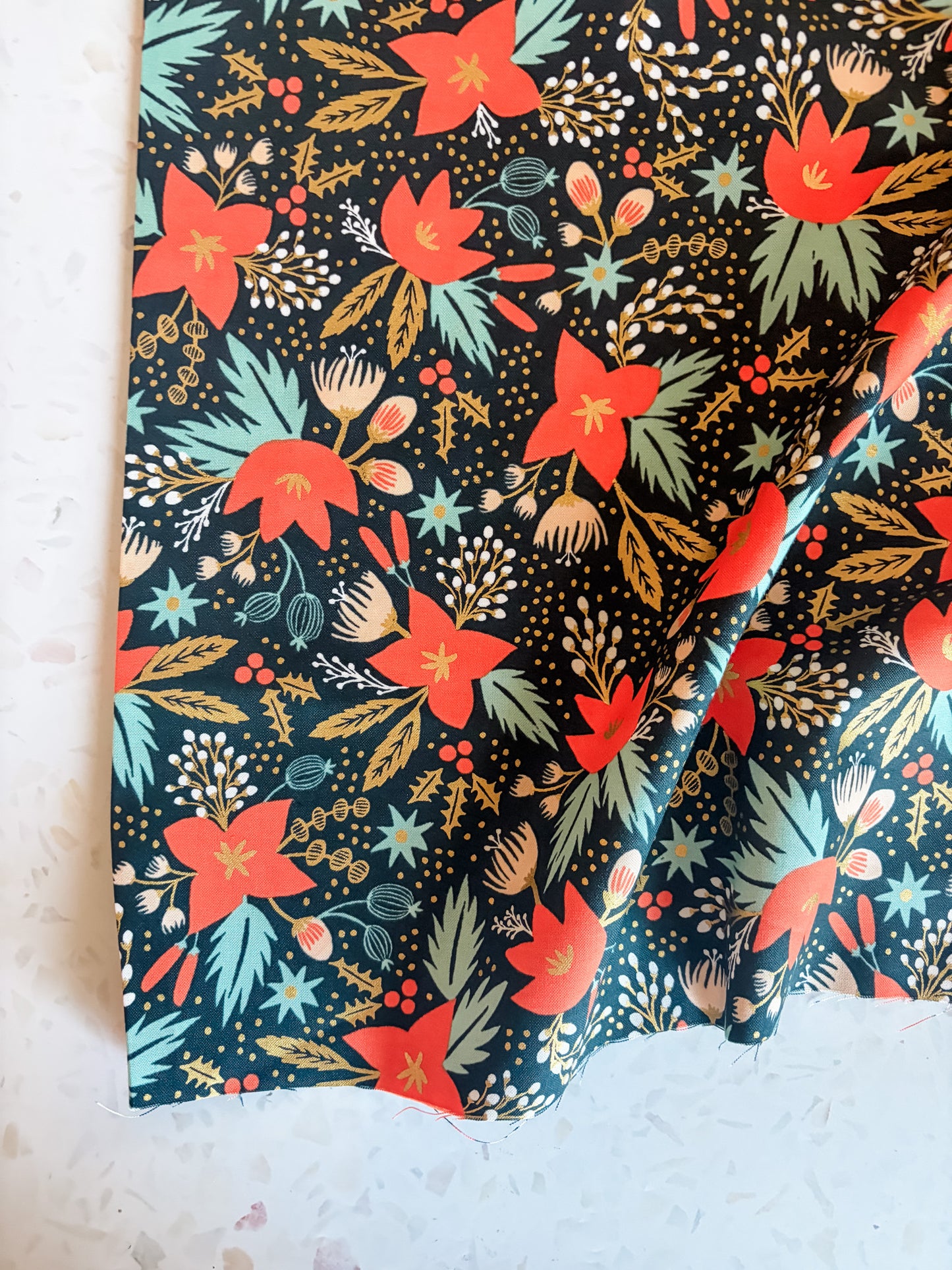 Holiday Classic Poinsettia Cotton Fabric in Evergreen Metallic