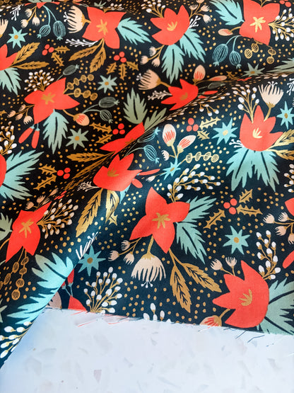 Holiday Classic Poinsettia Cotton Fabric in Evergreen Metallic