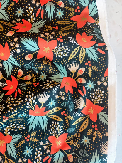 Holiday Classic Poinsettia Cotton Fabric in Evergreen Metallic