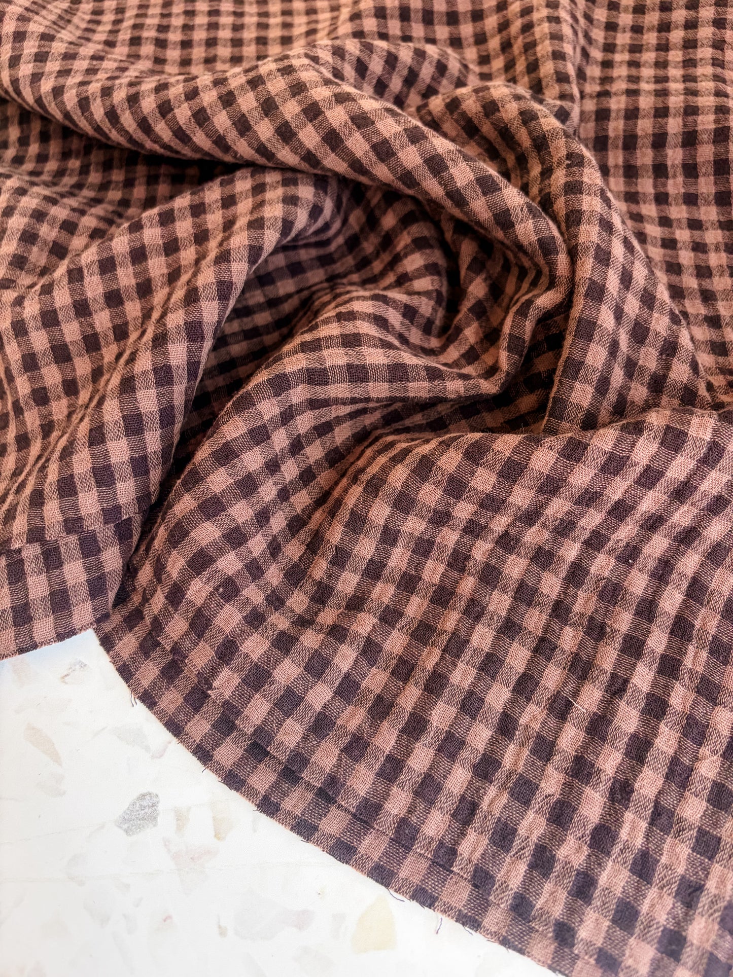 PRESALE – Lennon Yarn Dyed Double Gauze Check in Cocoa