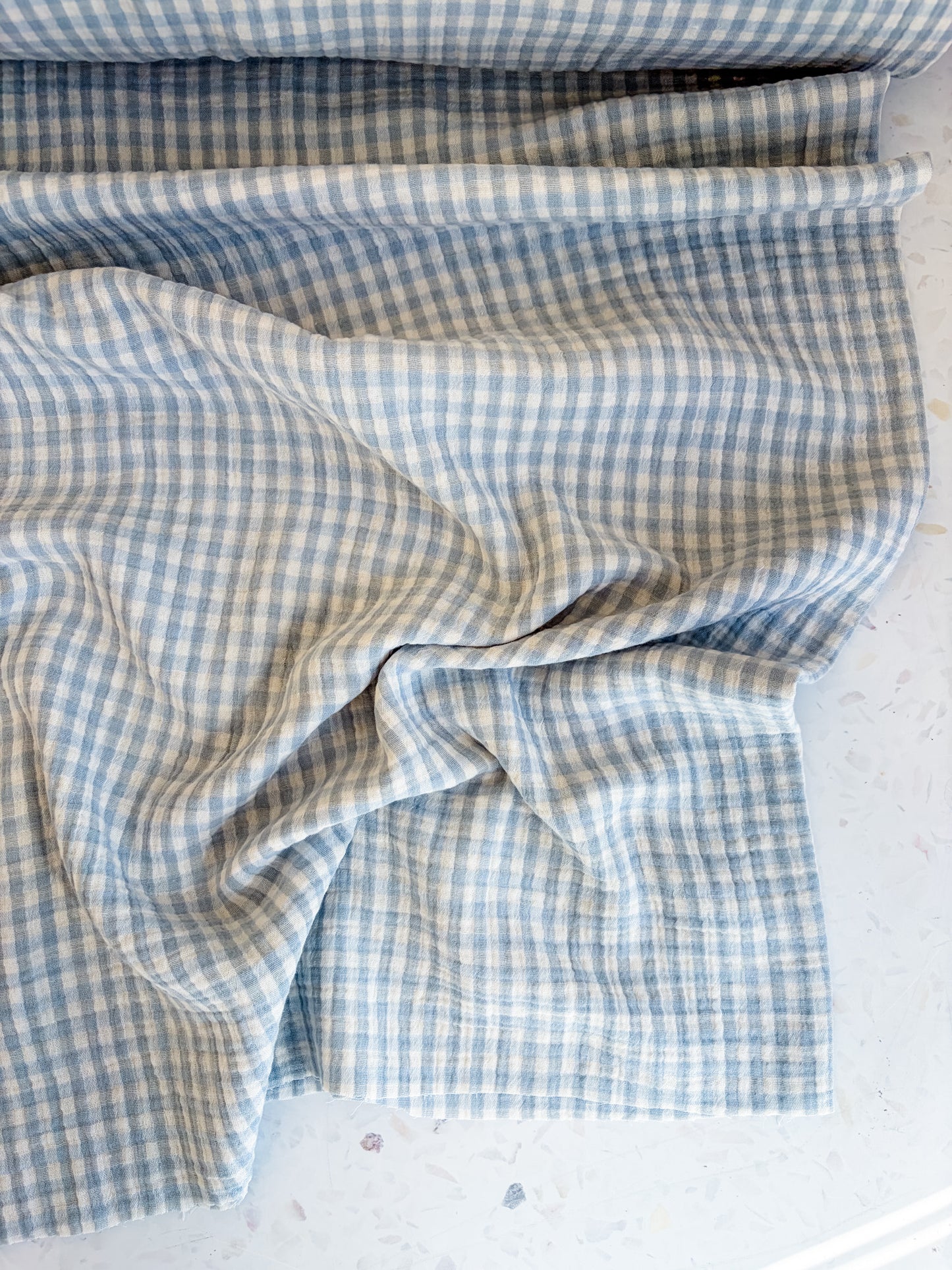PREORDER – Lennon Yarn Dyed Double Gauze Check in Mist/Ivory