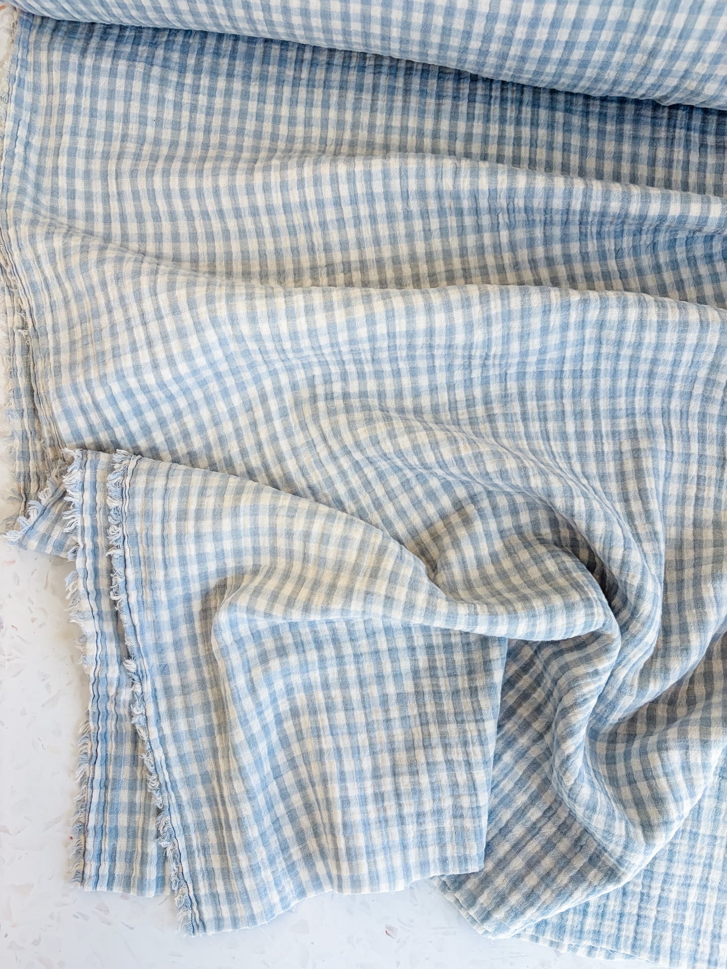 PREORDER – Lennon Yarn Dyed Double Gauze Check in Mist/Ivory