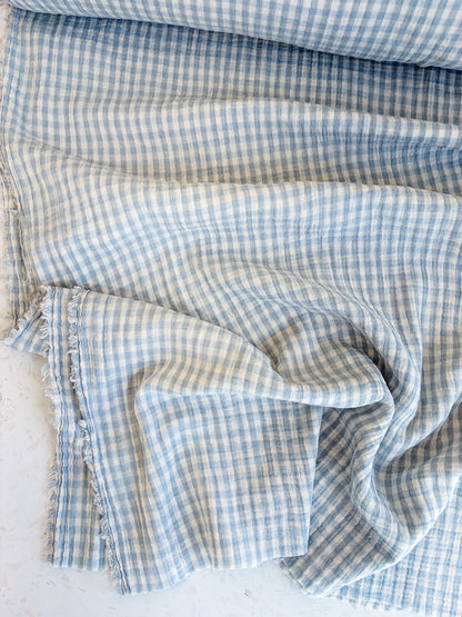 PREORDER – Lennon Yarn Dyed Double Gauze Check in Mist/Ivory