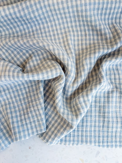 PREORDER – Lennon Yarn Dyed Double Gauze Check in Mist/Ivory