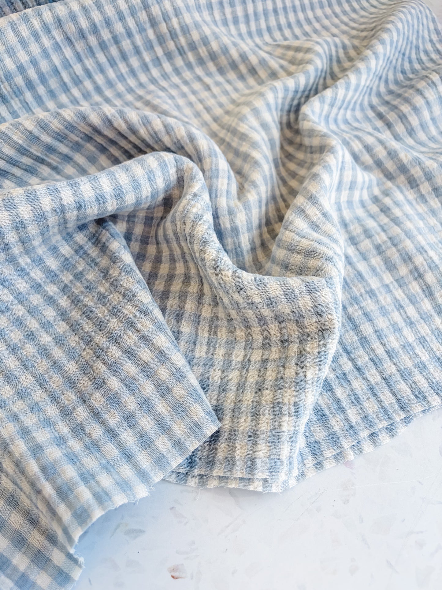 PREORDER – Lennon Yarn Dyed Double Gauze Check in Mist/Ivory