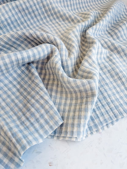 PREORDER – Lennon Yarn Dyed Double Gauze Check in Mist/Ivory