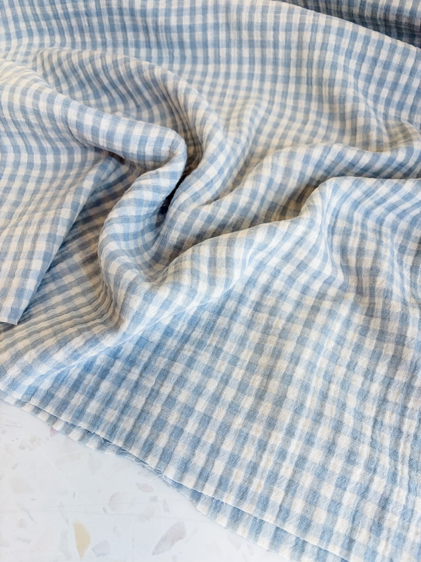 PREORDER – Lennon Yarn Dyed Double Gauze Check in Mist/Ivory