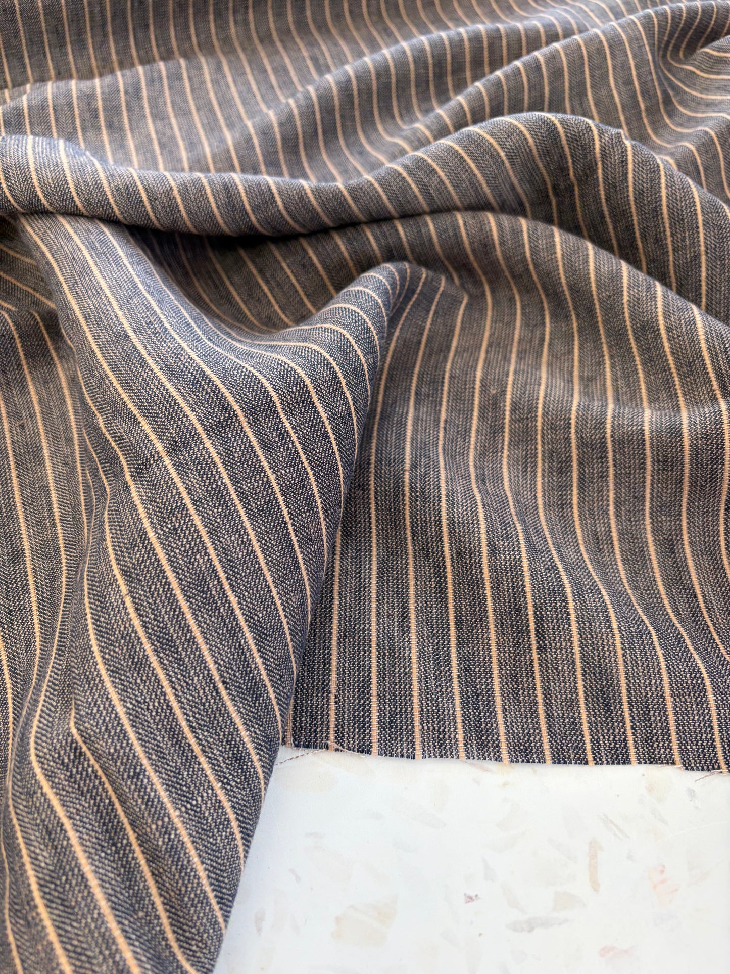 Stevie Herringbone Linen/Cotton in Indigo/Latte