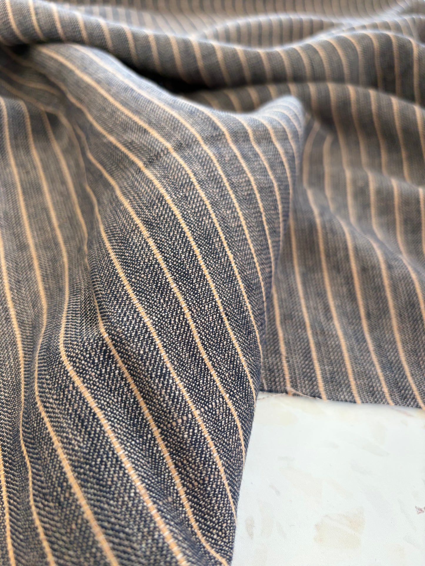 Stevie Herringbone Linen/Cotton in Indigo/Latte
