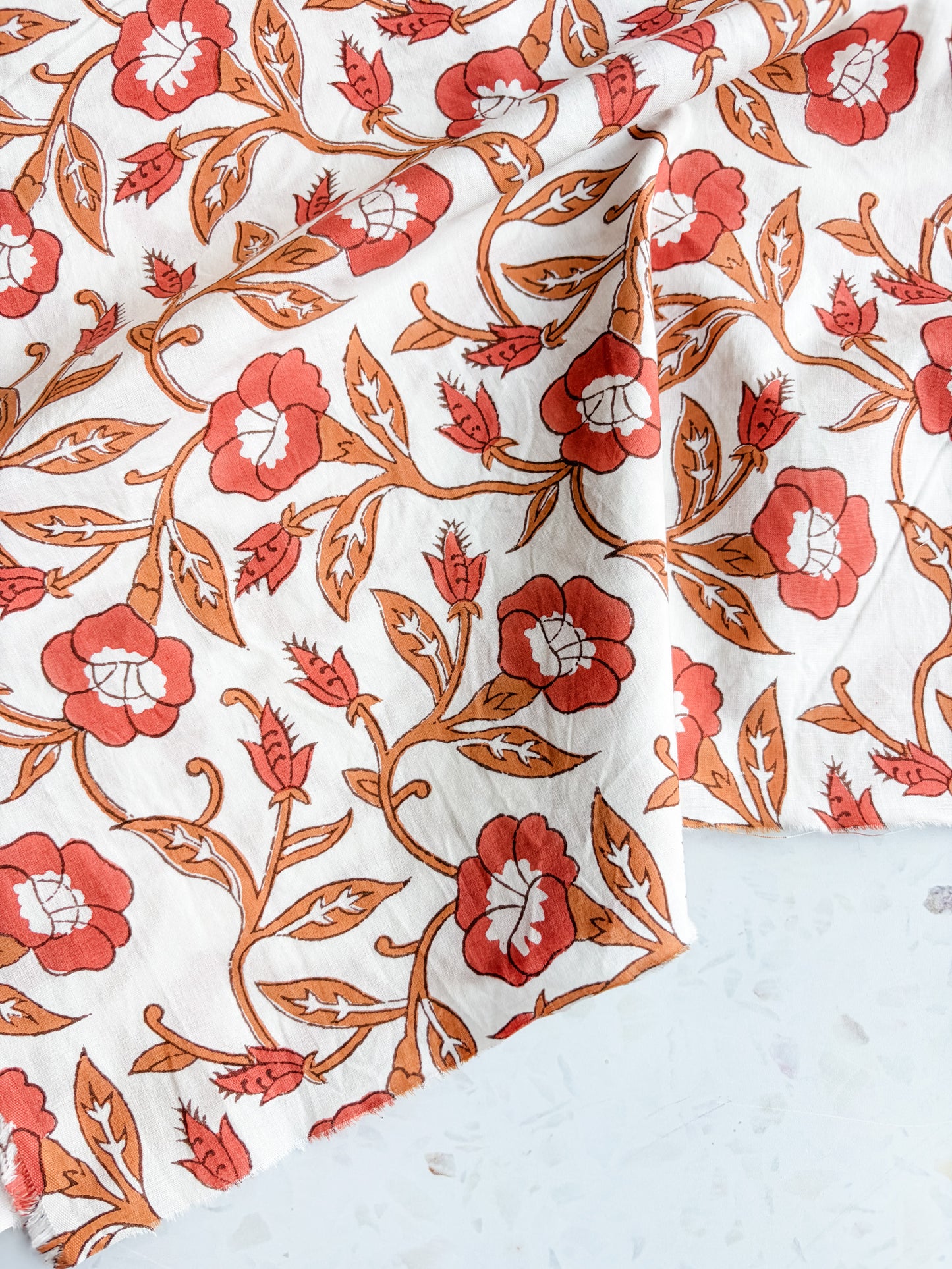 Fableism Block Print Cotton: Trumpet Vines in Sienna