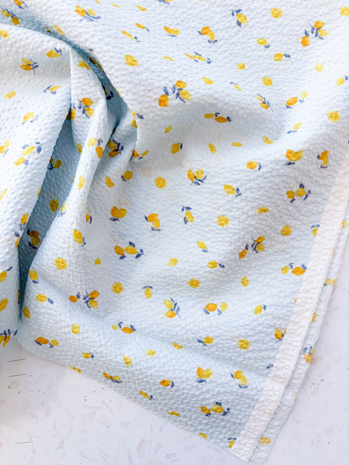 Little Lemons in Sky Blue | Cotton Seersucker