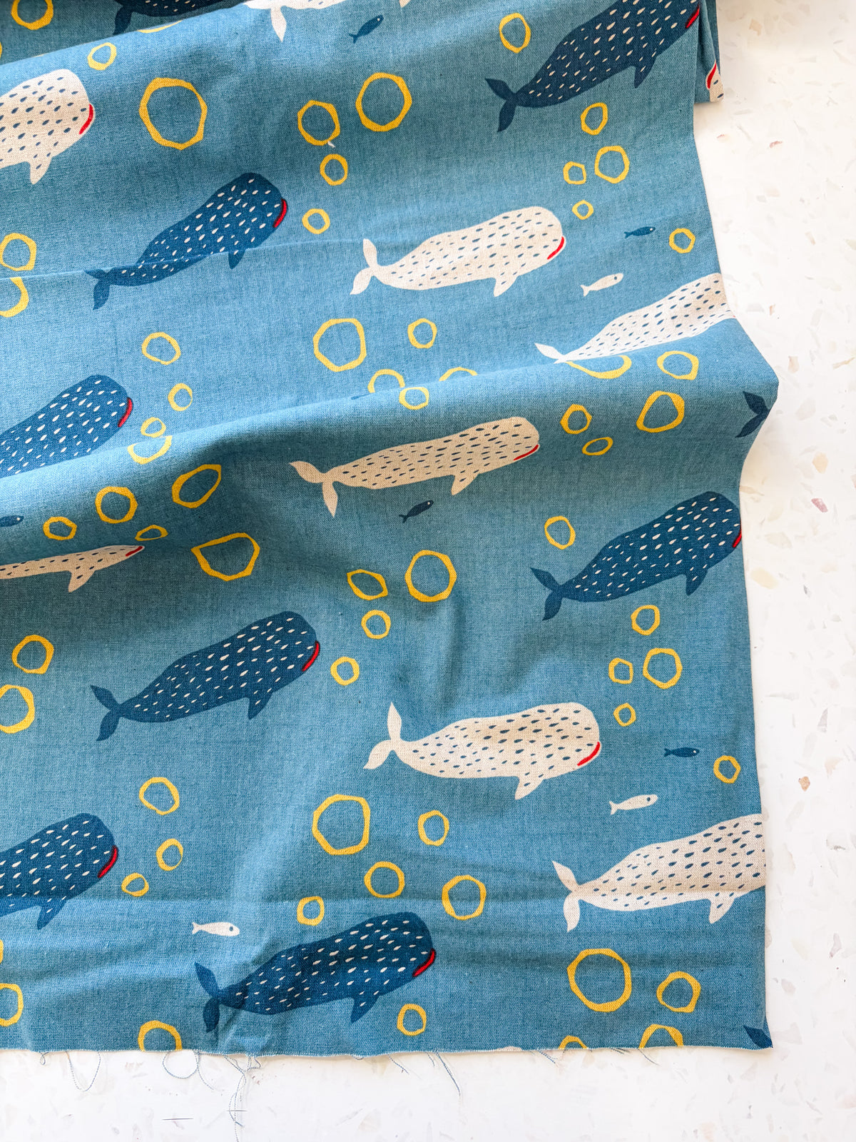 Little Whale Parade in Ocean Blue | Cotton-Linen Canvas