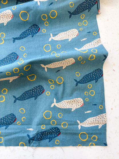 Little Whale Parade in Ocean Blue | Cotton-Linen Canvas