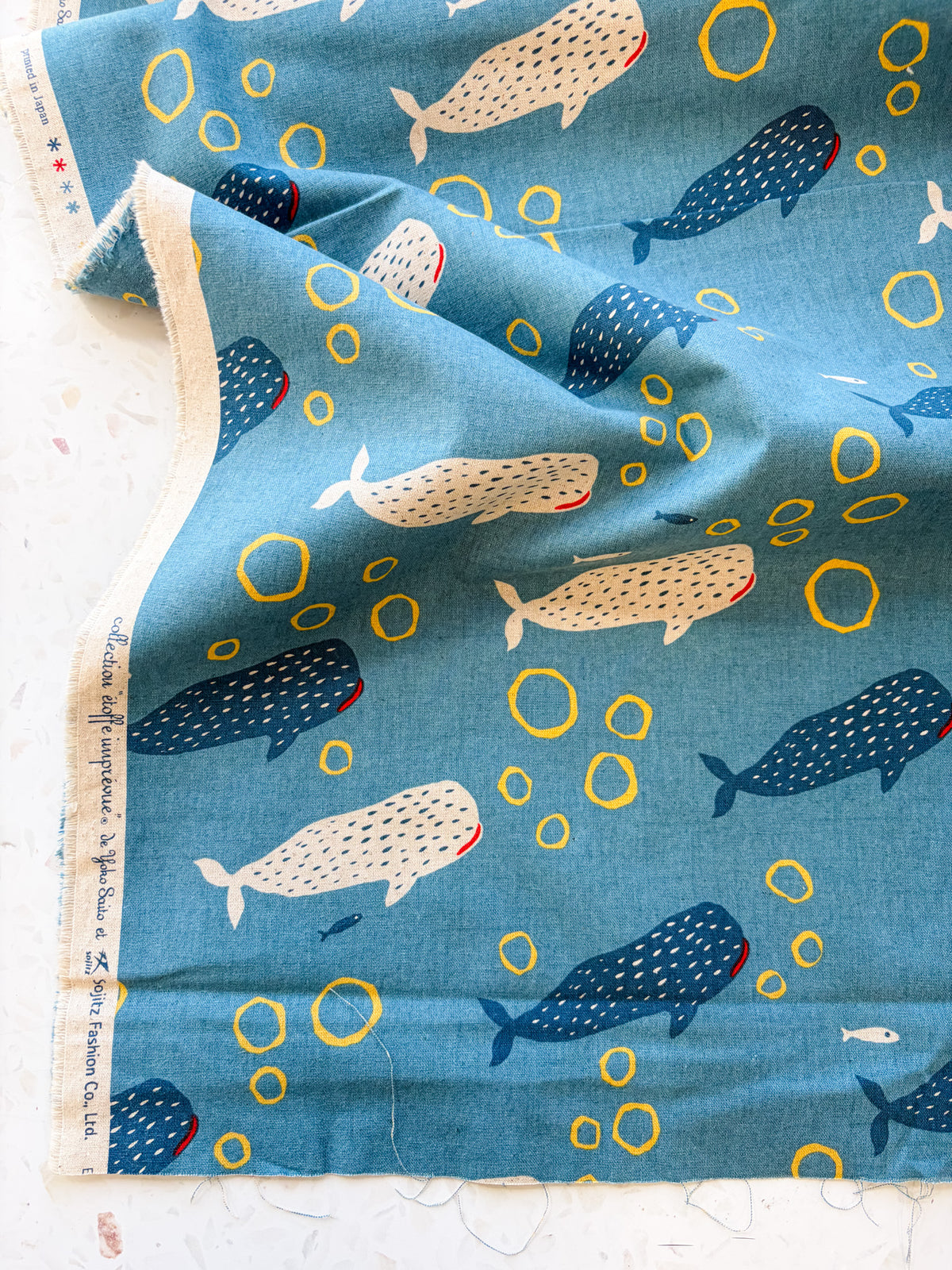 Little Whale Parade in Ocean Blue | Cotton-Linen Canvas