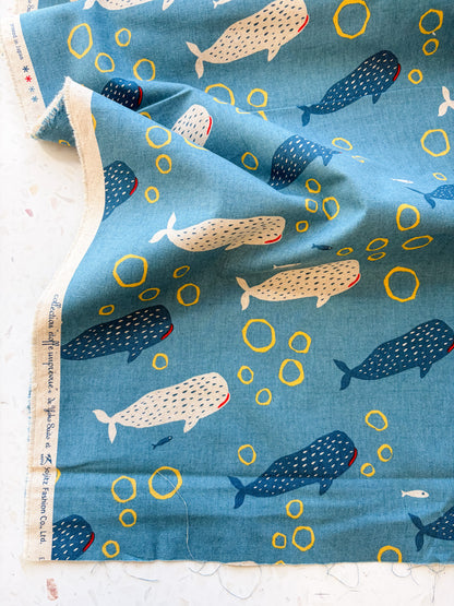 Little Whale Parade in Ocean Blue | Cotton-Linen Canvas