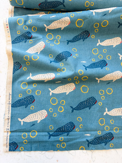 Little Whale Parade in Ocean Blue | Cotton-Linen Canvas