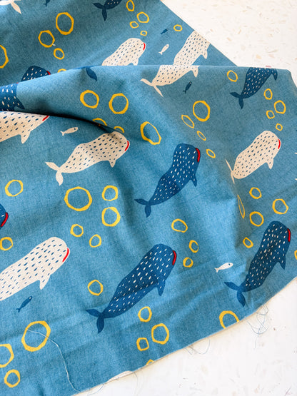 Little Whale Parade in Ocean Blue | Cotton-Linen Canvas