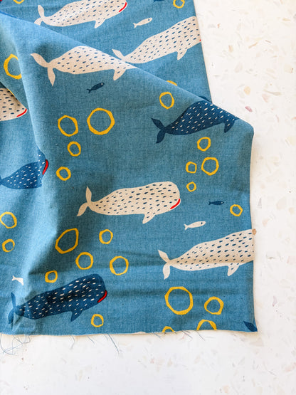 Little Whale Parade in Ocean Blue | Cotton-Linen Canvas