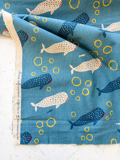 Little Whale Parade in Ocean Blue | Cotton-Linen Canvas