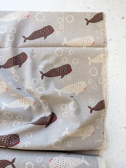 Little Whale Parade in Driftwood | Cotton-Linen Canvas