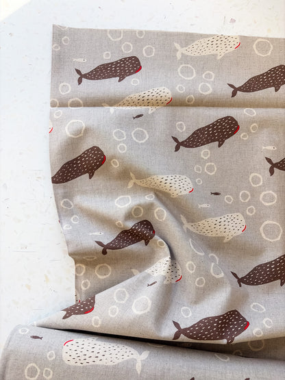 Little Whale Parade in Driftwood | Cotton-Linen Canvas