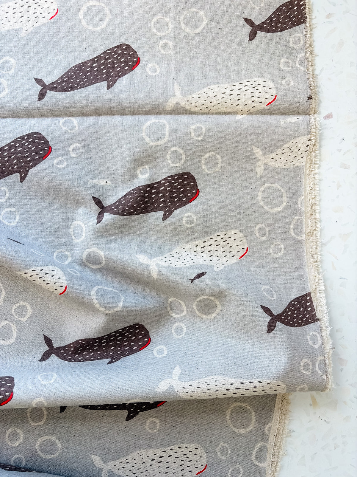 Little Whale Parade in Driftwood | Cotton-Linen Canvas