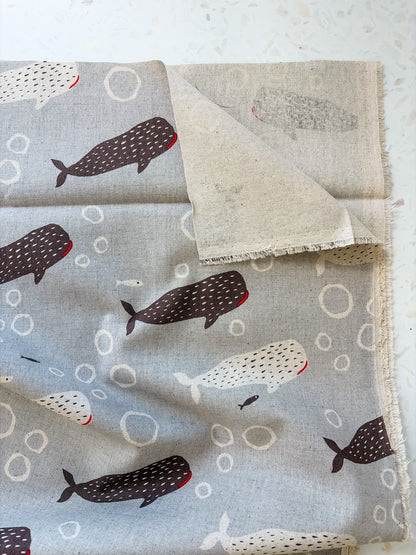 Little Whale Parade in Driftwood | Cotton-Linen Canvas