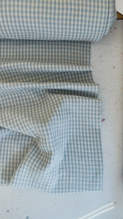 PREORDER – Lennon Yarn Dyed Double Gauze Check in Mist/Ivory